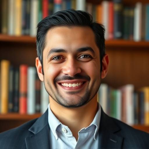 Retrato de Javier Sánchez, un instructor de oratoria sonriendo con confianza, con un fondo de libros