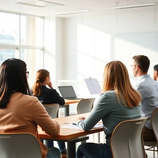 Un grupo de personas participando activamente en una clase de oratoria en un aula moderna y luminosa