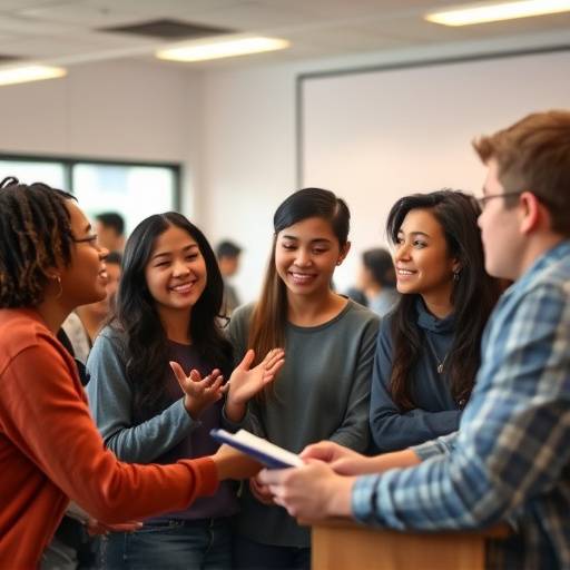 Un grupo diverso de estudiantes colaborando en una actividad de oratoria, mostrando unidad y apoyo mutuo